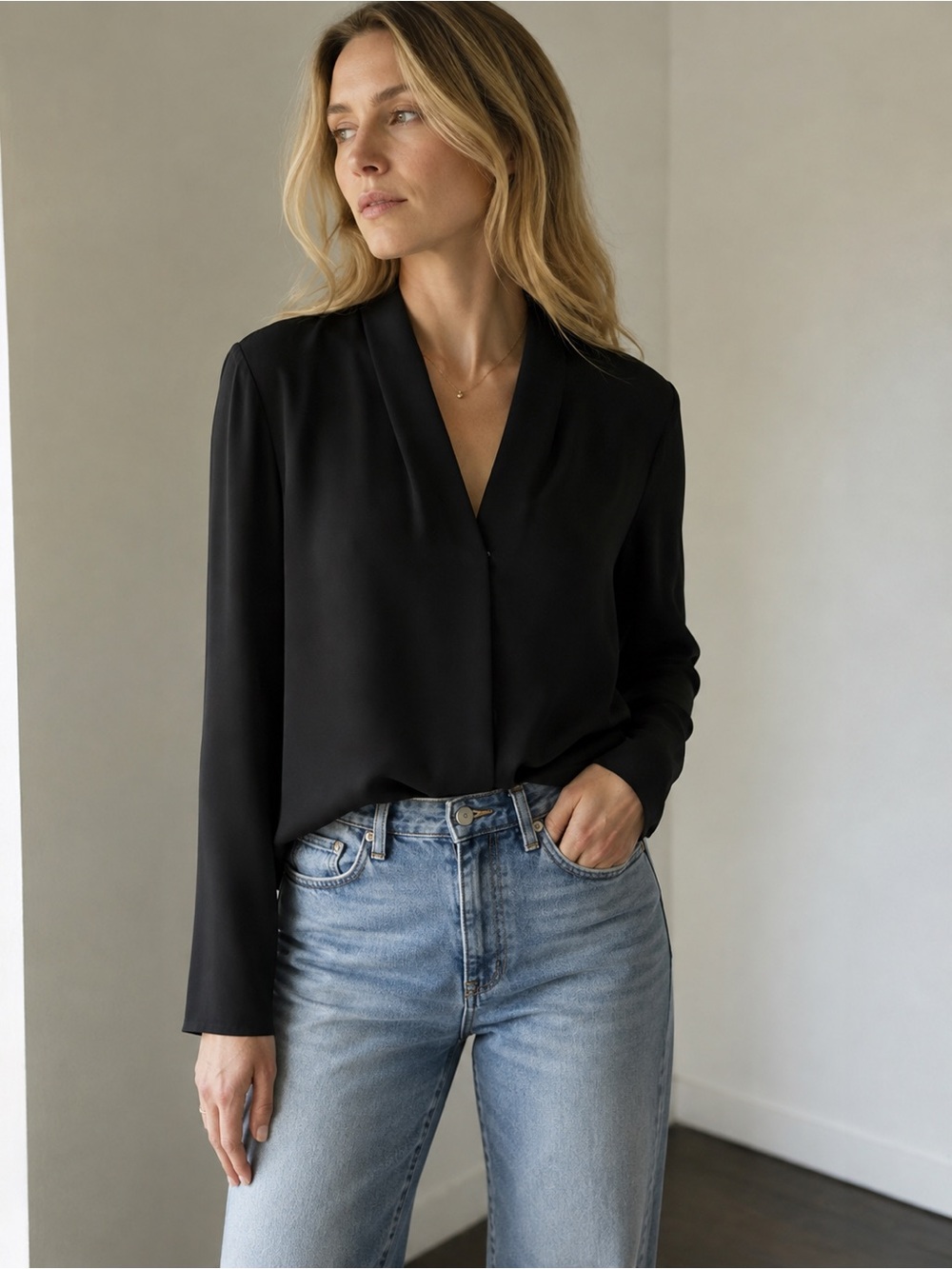 Babaton Black V-Neck Long Sleeve Blouse